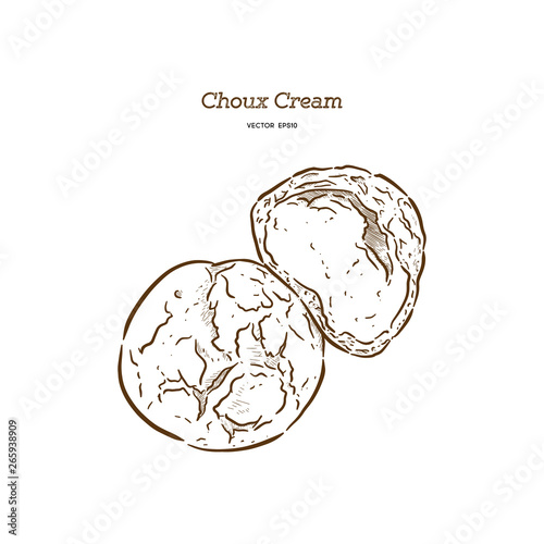 Delicious cream puff cakes with cream, hand draw sketch vector.