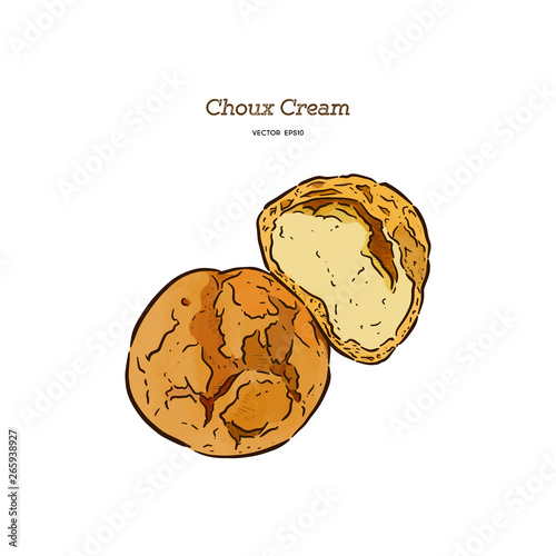 Delicious cream puff cakes with cream, hand draw sketch vector.