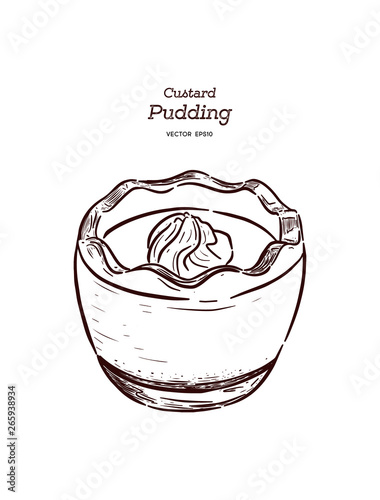 Custard pudding in glass. Hand draw sketch vector.