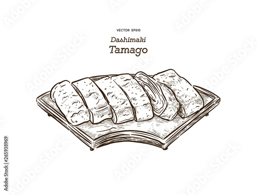 dashimaki tamago, japanese rolled omelette, hand draw sketch vector.