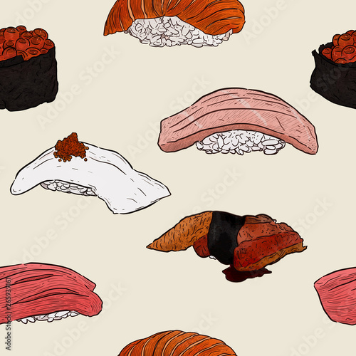 Nigiri set Ika, Ikura, Akami, Otoro, unagi seamless pattern vector.
