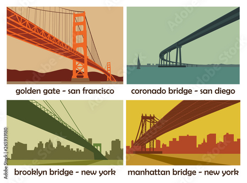 set of four american cities with bridges; vintage vector landscapes