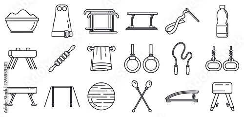 Modern gymnastics equipment icons set. Outline set of modern gymnastics equipment vector icons for web design isolated on white background