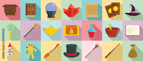 Wizard tools icons set. Flat set of wizard tools vector icons for web design
