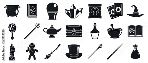 Magician wizard tools icons set. Simple set of magician wizard tools vector icons for web design on white background