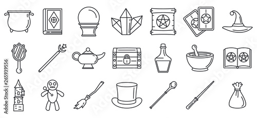 Magic wizard tools icons set. Outline set of magic wizard tools vector icons for web design isolated on white background
