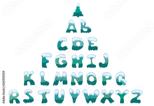 large snow-covered capital letters of the English alphabet. winter font with a Christmas tree