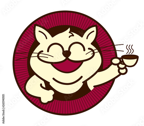 Cute cat holding a cup of coffee for pet cafe logo - vector mascot 