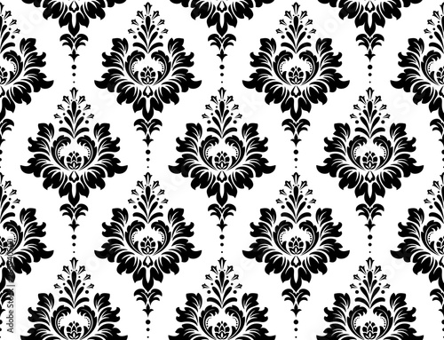 Tapete im Stil des Barock. Nahtloser Vektorhintergrund. Weiße und schwarze Blumenverzierung. Grafisches Muster für Stoff, Tapete, Verpackung. Verzierte Damast-Blumenornament