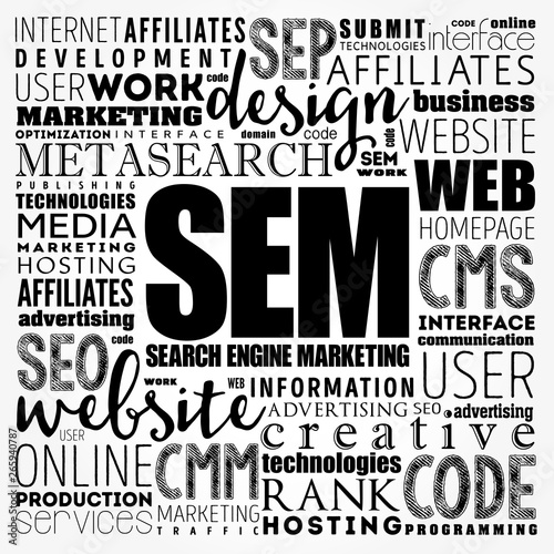 SEM (Search Engine Marketing) word cloud collage, technology business concept background