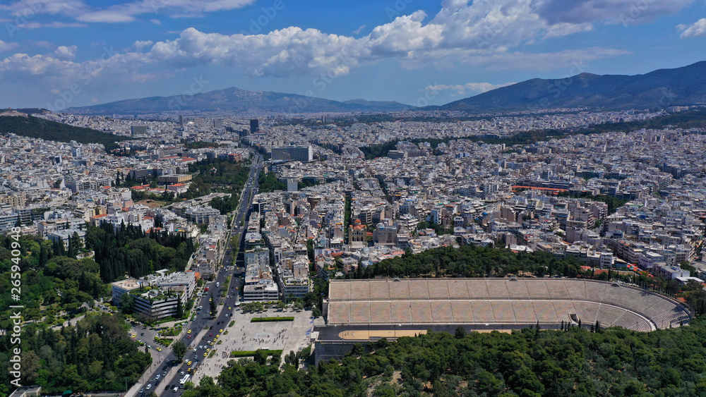 Aerial distant photo of iconic ancient Panathenaic stadium or Kalimarmaro, Athens historic centre, Attica, Greece
