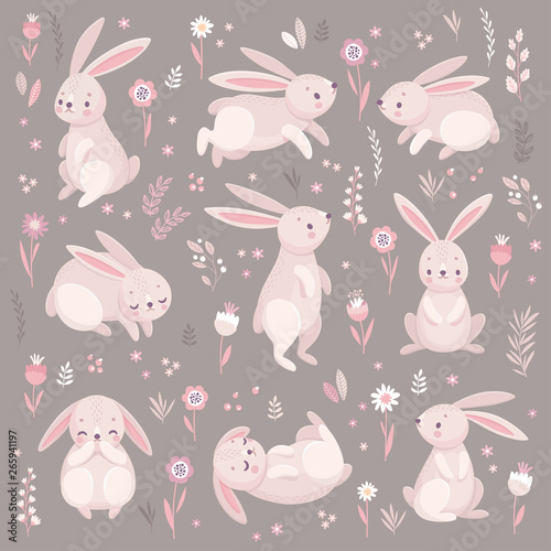 Cute rabbits sleeping, runnung, sitting. Lovely