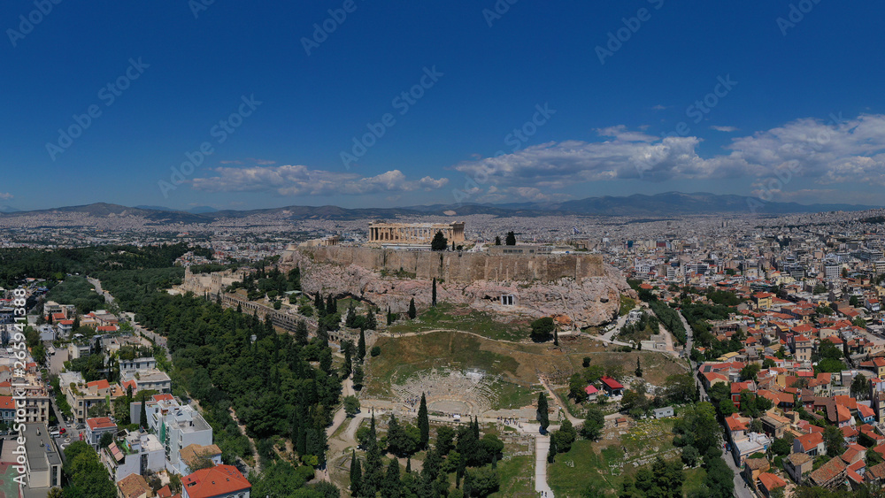 Fototapeta premium Aerial birds eye view photo taken by drone of iconic Acropolis hill and the Parthenon, Athens historic center, Attica, Greece
