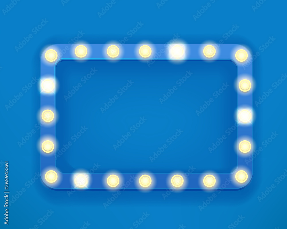 Vintage blou frame with bright lightbulbs. Bright retro frame template for a text