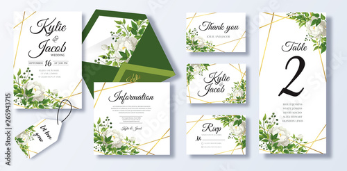 Wedding Invitation, menu, rsvp, information, thank you, label, save the date card, table number, envelope. Floral design with green watercolor leaves, white rose flower greenery decorative frame print
