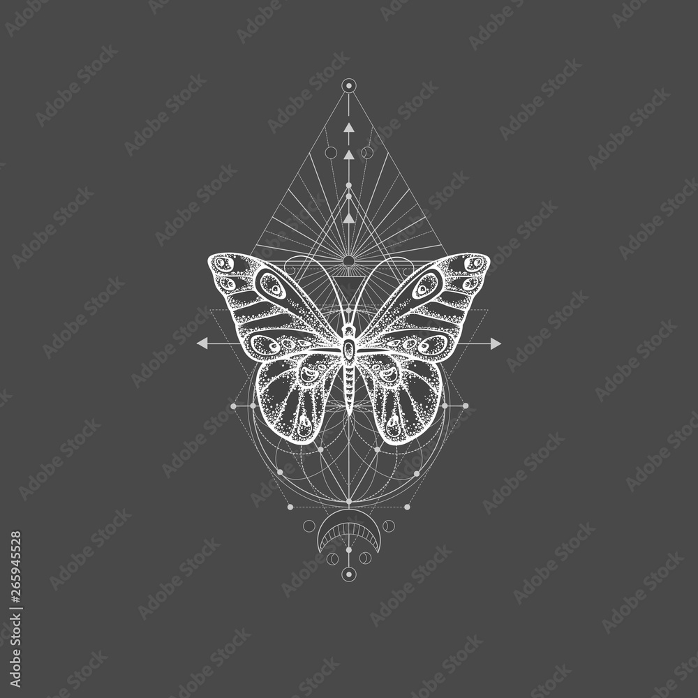 Vector illustration with hand drawn butterfly and Sacred geometric symbol on black background. Abstract mystic sign. Vector illustration with hand drawn butterfly and Sacred geometric symbol on black background. Abstract mystic sign.