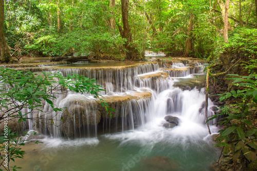 Fototapeta Naklejka Na Ścianę i Meble -  Amazing waterfall in tropical forest of national park, Huay Mae Khamin waterfall, Kanchanaburi Province, Thailand