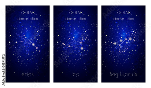 Set of three cards with Signs of the Zodiac, astrological constellations and hand drawn lettering against the starry sky.