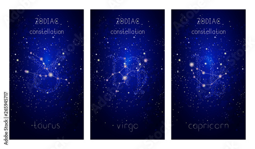 Set of three cards with Signs of the Zodiac, astrological constellations and hand drawn lettering against the starry sky.