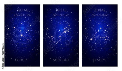 Set of three cards with Signs of the Zodiac, astrological constellations and hand drawn lettering against the starry sky.