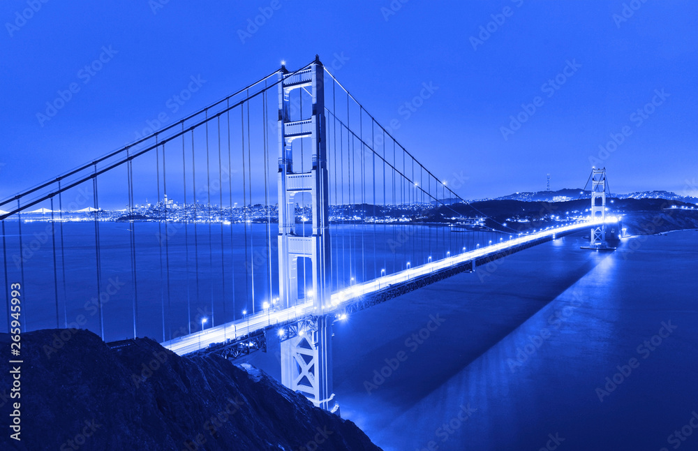View of Golden Gate Bridge in San Francisco at night.
