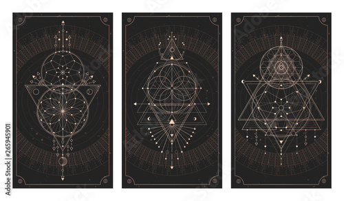 Vector set of three dark backgrounds with geometric symbols, grunge textures and frames.