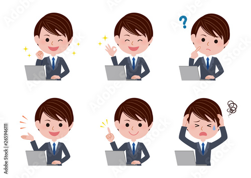 パソコンを操作するスーツの男性のイラストセット