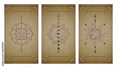 .Vector set of three vintage backgrounds with geometric symbols and frames. Abstract geometric symbols and sacred mystic signs drawn in lines.