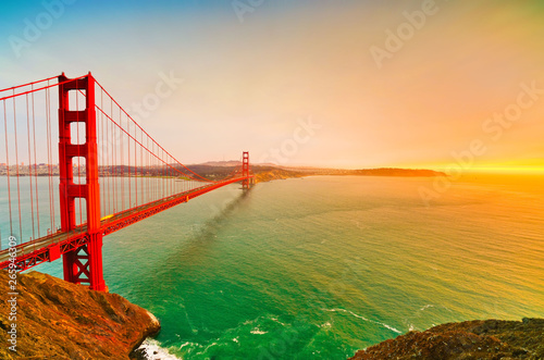 View of Golden Gate Bridge in San Francisco at sunset.