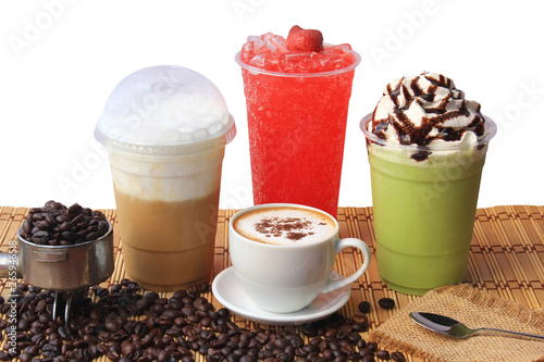 Fototapeta Naklejka Na Ścianę i Meble -  Hot coffee cup with coffee beans on the wooden table, Cold coffee, Iced matcha green tea and fruit soda for summer drink