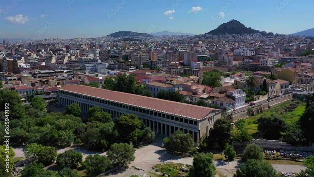 Aerial video of iconic Ancient Forum a true masterpiece in the heart of ancient Athens featuring Temple of Hephaestus and iconic Stoa of Attalos in the slopes of Acropolis hill, Attica, Greece Aerial video of iconic Ancient Forum a true masterpiece in the heart of ancient Athens featuring Temple of Hephaestus and iconic Stoa of Attalos in the slopes of Acropolis hill, Attica, Greece