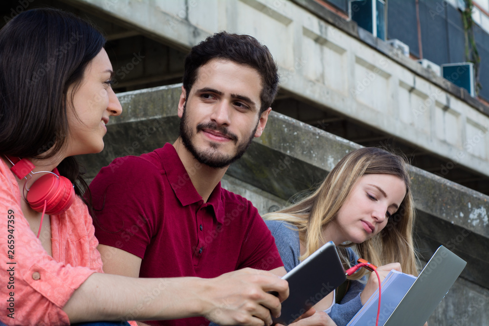 Group of University students studying together outdoors Group of University students studying together outdoors
