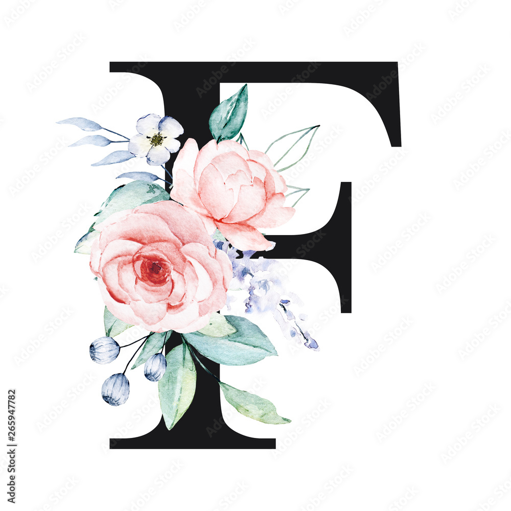 Floral alphabet, letter F with watercolor flowers and leaf. Black