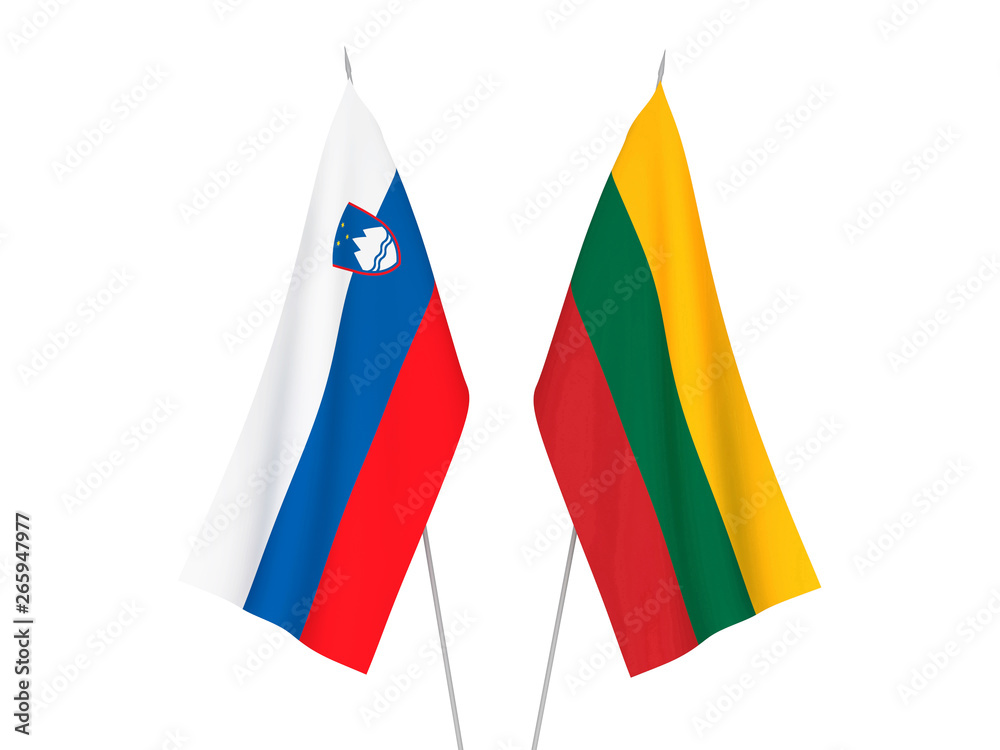 National fabric flags of Lithuania and Slovenia isolated on white background. 3d rendering illustration.
