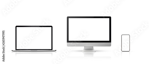 set new model of computer display or desktop and smartphone laptop on white background,Mockup Separate Groups photo
