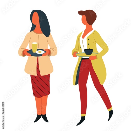 Women with dishes on trays canteen self-service lunch