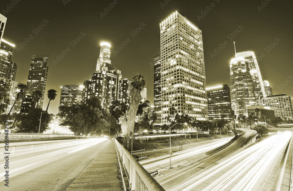 View of the office buildings and main roads in the financial district in Los Angeles at night.