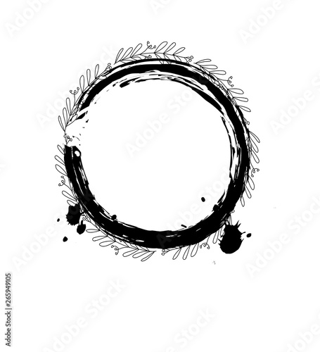 black and white abstract graphic pattern with leaves and a branch and brush stroke in a circle,