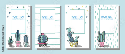 Cards template with pictures of cactuses with outlines. Vector cactus with flower in colored plant illustration. Vintage vector botanical illustration in watercolor style. Hand drawn cactus for design