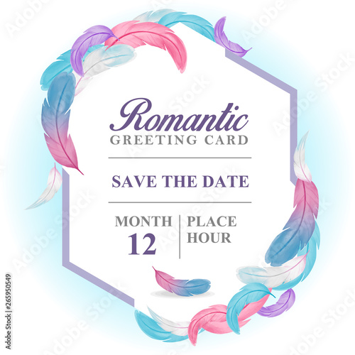 romantic hexagonal greeting card with colorful feathers