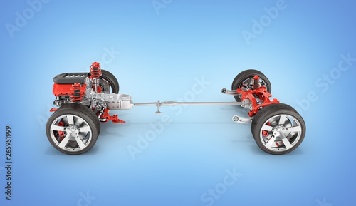 Suspension of the car with wheel and engine Undercarriage in detail isolated on blue gadeint background 3d