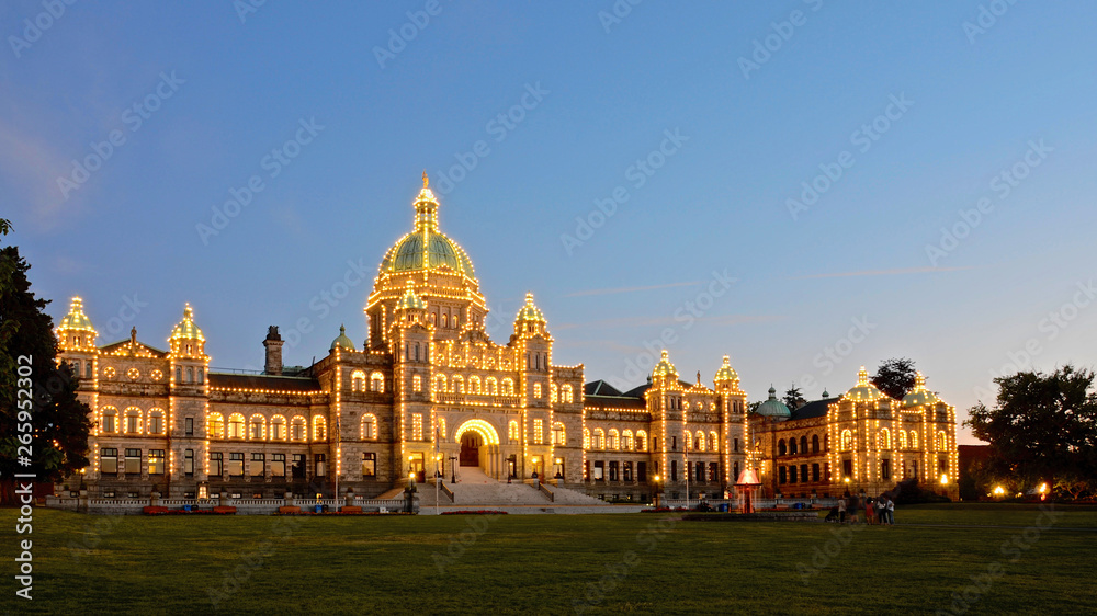 Panoramic night view of British Columbia Parliament building, Victoria, Canada