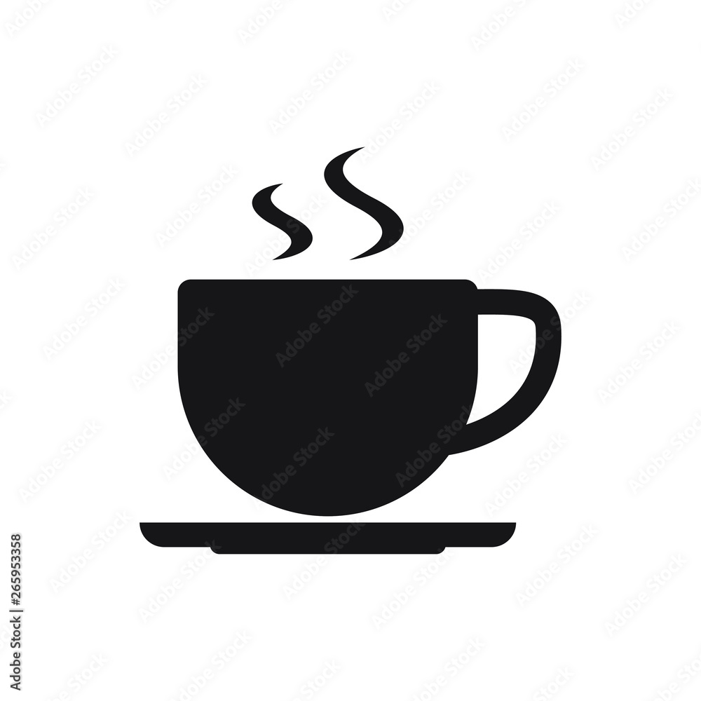 cup of coffee or tea with steam, vector  line icon black on white