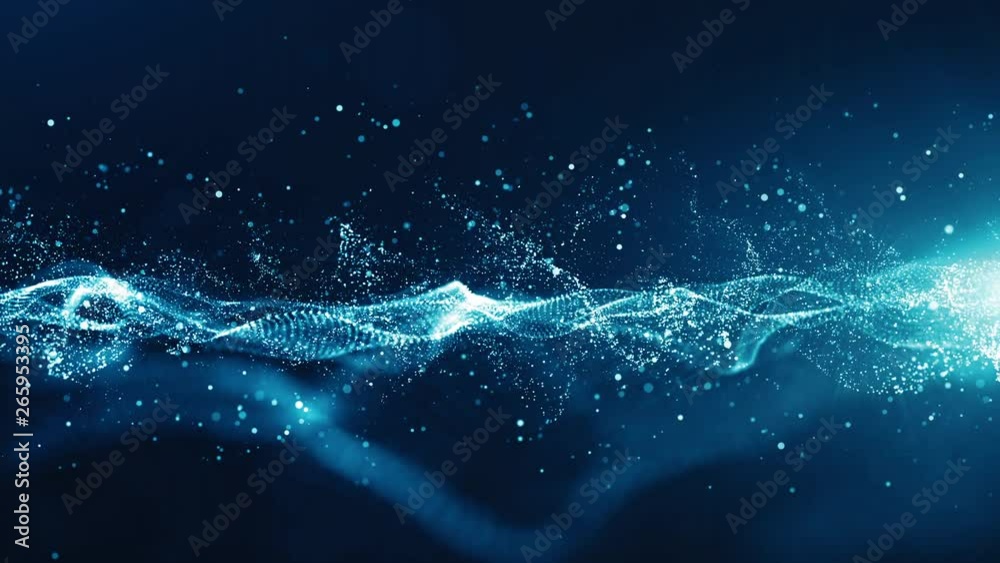 Abstract blue color digital particles wave with bokeh and light motion background