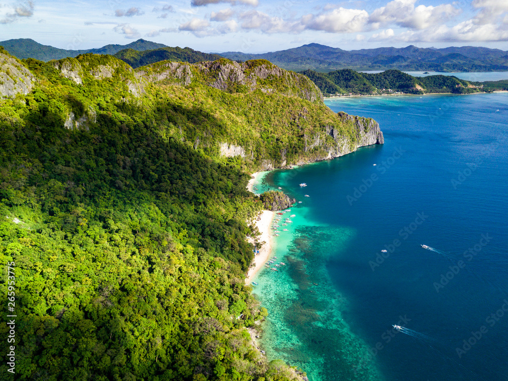 Naklejka premium Panorama Aerial Drone Picture of the Lime Stone Islands in El Nido, Bacuit Bay, Palawan in the Philippines