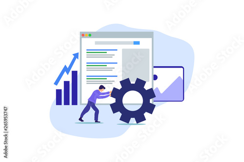 Modern Flat design people and SEO optimized pages business concept, with tiny people character for web landing page template, banner, flyer and presentation.