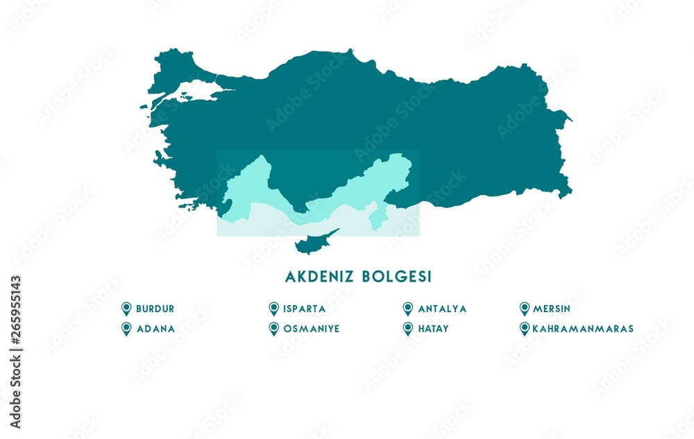 Turkey Mediterranean Region Map (Turkish Turkiyenin Akdeniz Bolgesi, isparta, Burdur, Adana, Kahramanmaras, Osmaniye, Hatay, Antalya, Mersin, Haritasi)