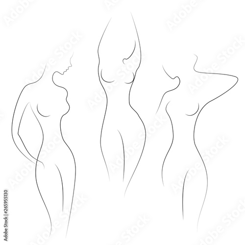 Silhouettes of lovely ladies. Beautiful girls stand in different poses. The figures of women are nude, feminine and slender. Vector illustration