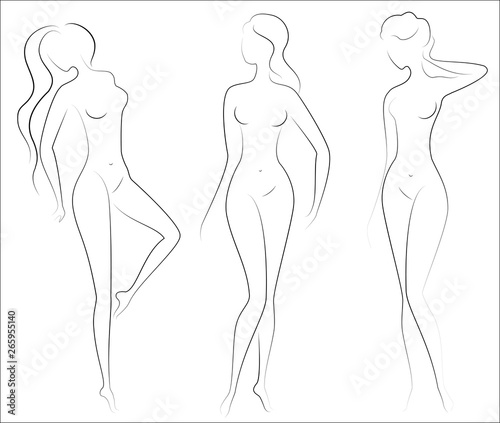 Silhouettes of lovely ladies. Beautiful girls stand in different poses. The figures of women are nude, feminine and slender. Vector illustration