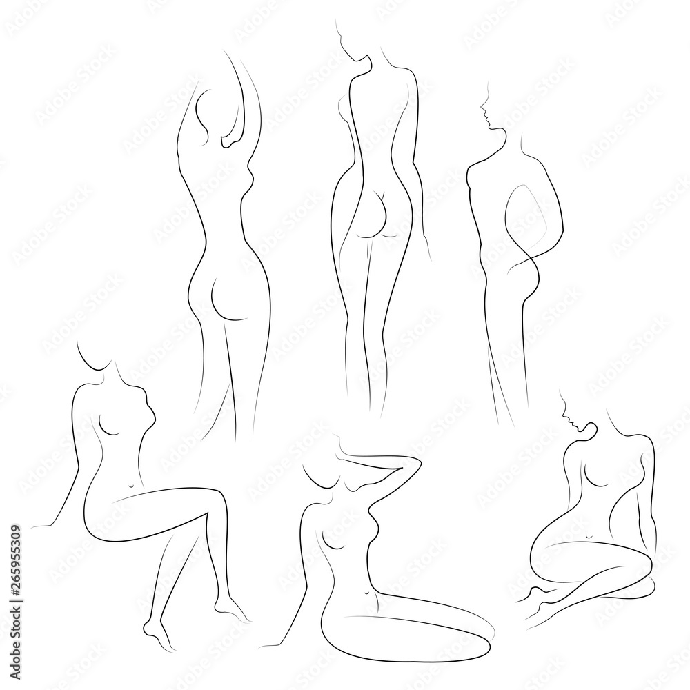Collection. Silhouettes of lovely ladies. Beautiful girls stand and sit in different poses. The figures of women are nude, feminine and slender. Vector illustration set